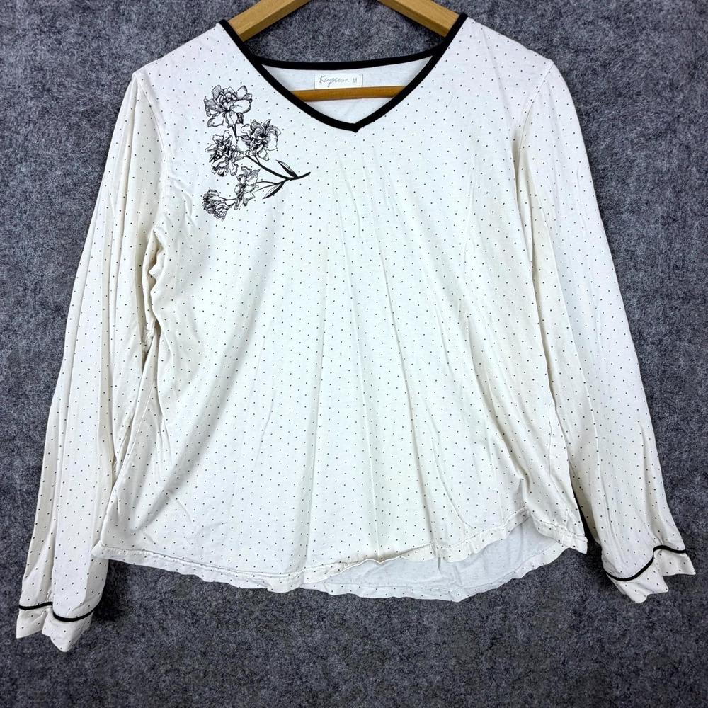 Keyocean Sleepwear Top Women's Medium White Polka Dot Floral Long Sleeve V-Neck